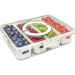 Snackle Box Container Divided Serving Tray with Lid and Handle, Portable Travel Snack Platters for Party, Fruit Organizer for Refrigerator for Candy Kitchenware Modern