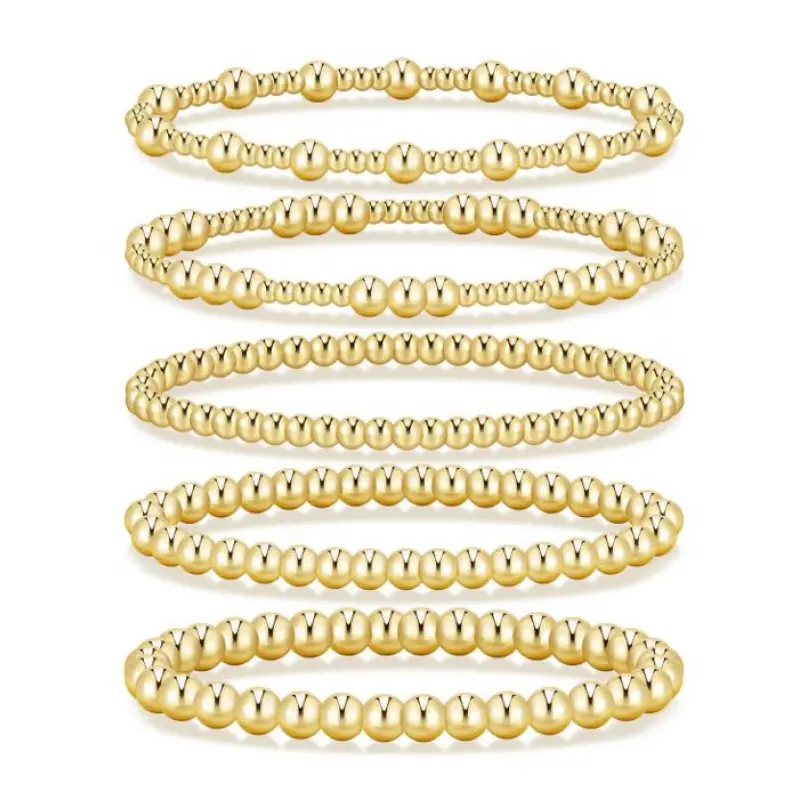Women's Brass Waterproof Wear Beaded Ball Charm Bracelets - Adjustable, Stackable, Casual Beaded Strand Design Jewelry Set for Gifting