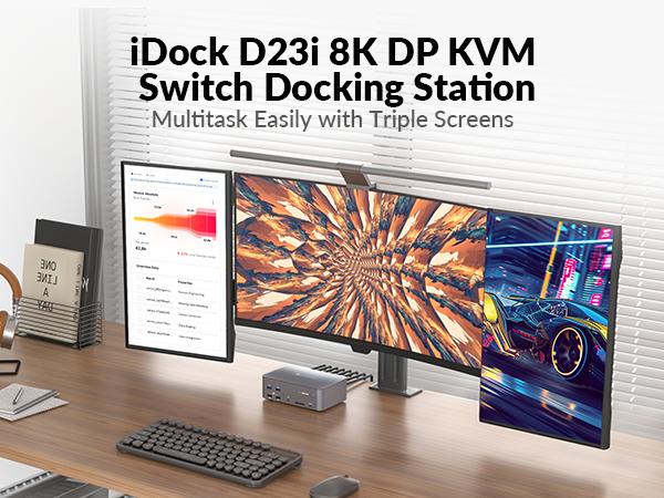 AV Access iDock D23i 8K DisplayPort/HDMI KVM Switch Docking Station for 2 Desktop PCs, Triple Monitor Design, 1G Ethernet, USB 3.0, 240/165/120Hz for Gaming