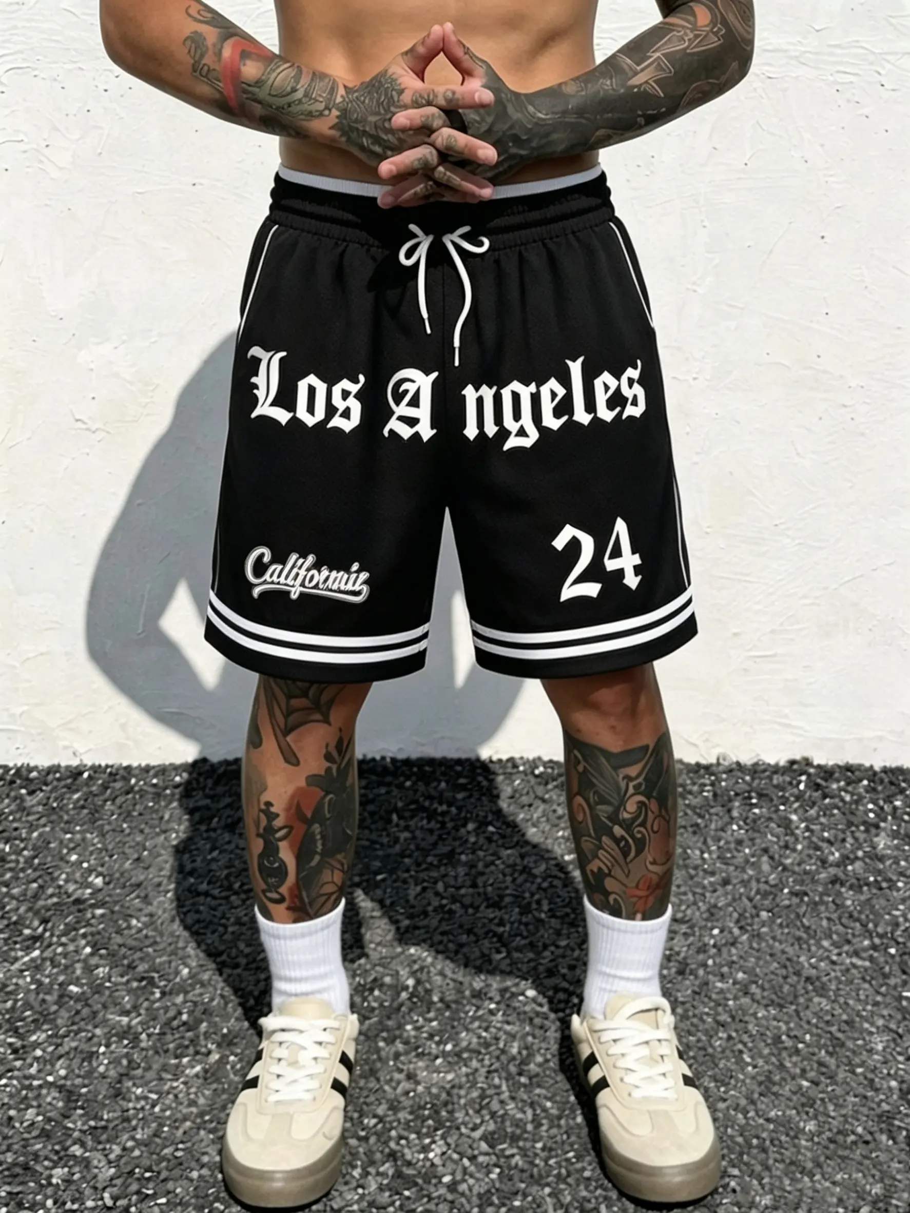 Men’s athletic shorts made from soft, breathable fabric featuring a stylish letter print, drawstring elastic waistband, trendy cool style—perfect for everyday wear, commuting, gym training, and workouts.
