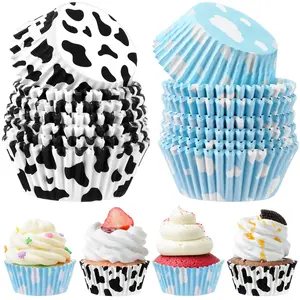 300 Pcs Paper Baking Cups Include 150 Cloud Blue Cupcake Liners 150 Cow Print Cartoon Story Cupcake Topper for Cake Balls Muffins Toy Theme Birthday Shower Party Supplies