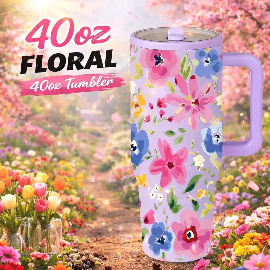 1 Pc 40oz insulated mug with handle, Insulation, floral tumbler for coffee lovers, double wall vacuum cup, leak-proof lid, keeps hot 12h cold 24h, large capacity for iced coffee water, Portable travel mug, work office gym cup, drinkware for women