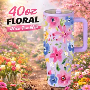 1 Pc 40oz insulated mug with handle, Flasks, floral tumbler for coffee lovers, double wall vacuum cup, leak-proof lid, keeps hot 12h cold 24h, large capacity for iced coffee water, daily use travel mug, work office gym cup, drinkware for women