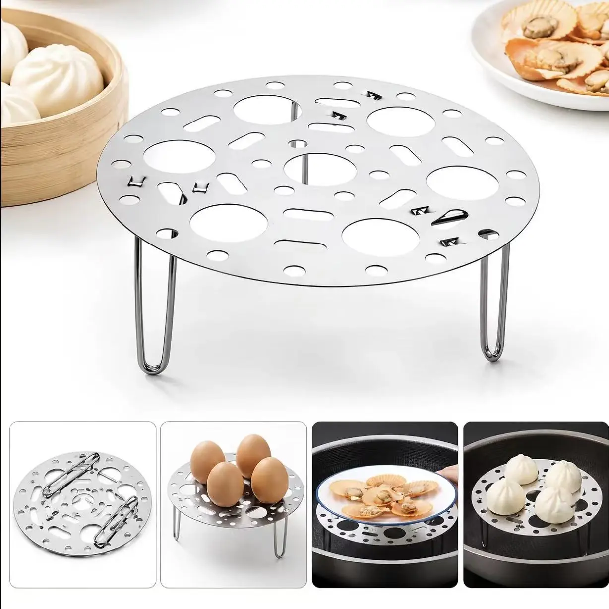 Stainless Steel Heat-Resistant Compact Cookware Steamer Rack with Foldable Stand, Steaming Insert for Eggs, Rice Cookers, Steaming Food