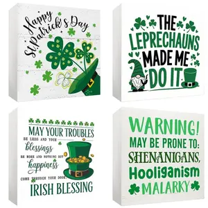 St. Patrick's Day Themed Square Desktop Sign, 1 Count Lucky Shamrock Pattern Decorative Sign, Holiday Decorations for Home Party, Signage