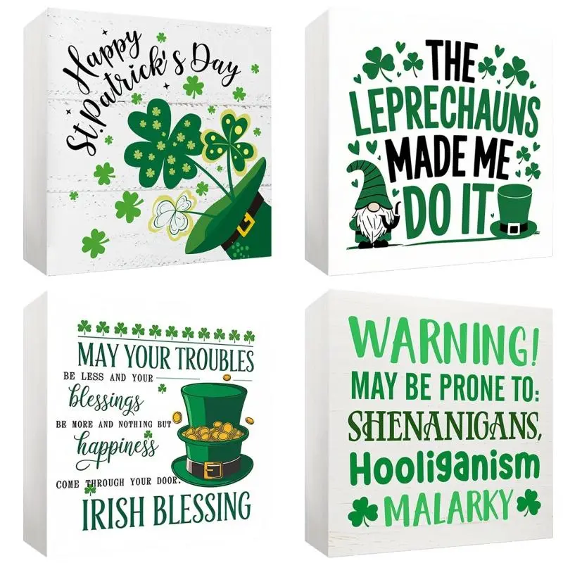 St. Patrick's Day Themed Square Desktop Sign, 1 Count Lucky Shamrock Pattern Decorative Sign, Holiday Decorations for Home Party, Signage, Novelty Decor