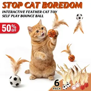 【Buy 4 Get 2 Free】Interactive Cat Toy Bouncy Balls with Feather Self-Play Kitten Toys for Indoor Cats Chase Fetch Bouncing Pet Toys for Boredom Relief, Cat Exercise Teaser Toys, Soft Durable Entertainment Activity Stimulation Toys for Kittens & Adult Cats