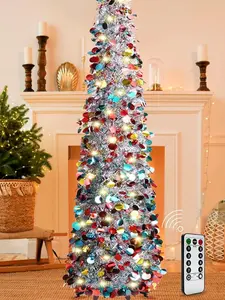 5FT Pop Up Christmas Tinsel Tree with 8 Remote Light Modes Collapsible Colorful Sequin Artificial Pencil Trees for Home Apartment Party Fireplace Indoor Outdoor Decorations