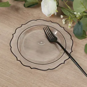 10-Pack Plastic Round Dessert Plates 8" Clear with Black Scalloped Rim - Disposable Appetizer/Salad Plates