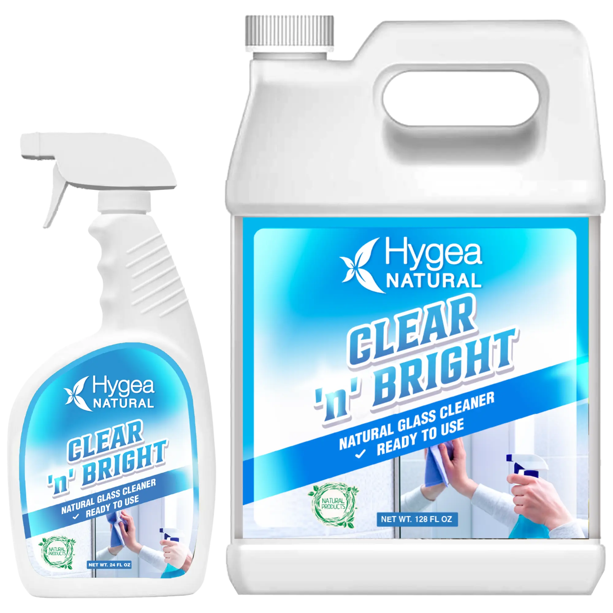 Hygea Natural Clear 'n' Bright Streak-Free Glass & Window Cleaner Kit 24 oz Spray + 128 oz Refill Eco-Friendly No-Rinse Formula for Crystal-Clear Surfaces - Cleaning