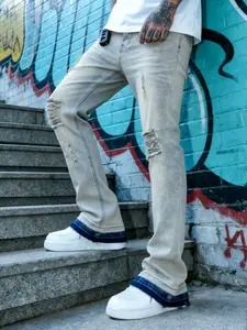 Men's Y2K Style Bootcut Jeans, Vintage Distressed Knee Design, Casual Hip-Hop Pants, Contrast Dark Blue Raw Hem, Slim-Fit Streetwear Essential, Suitable for All Seasons.