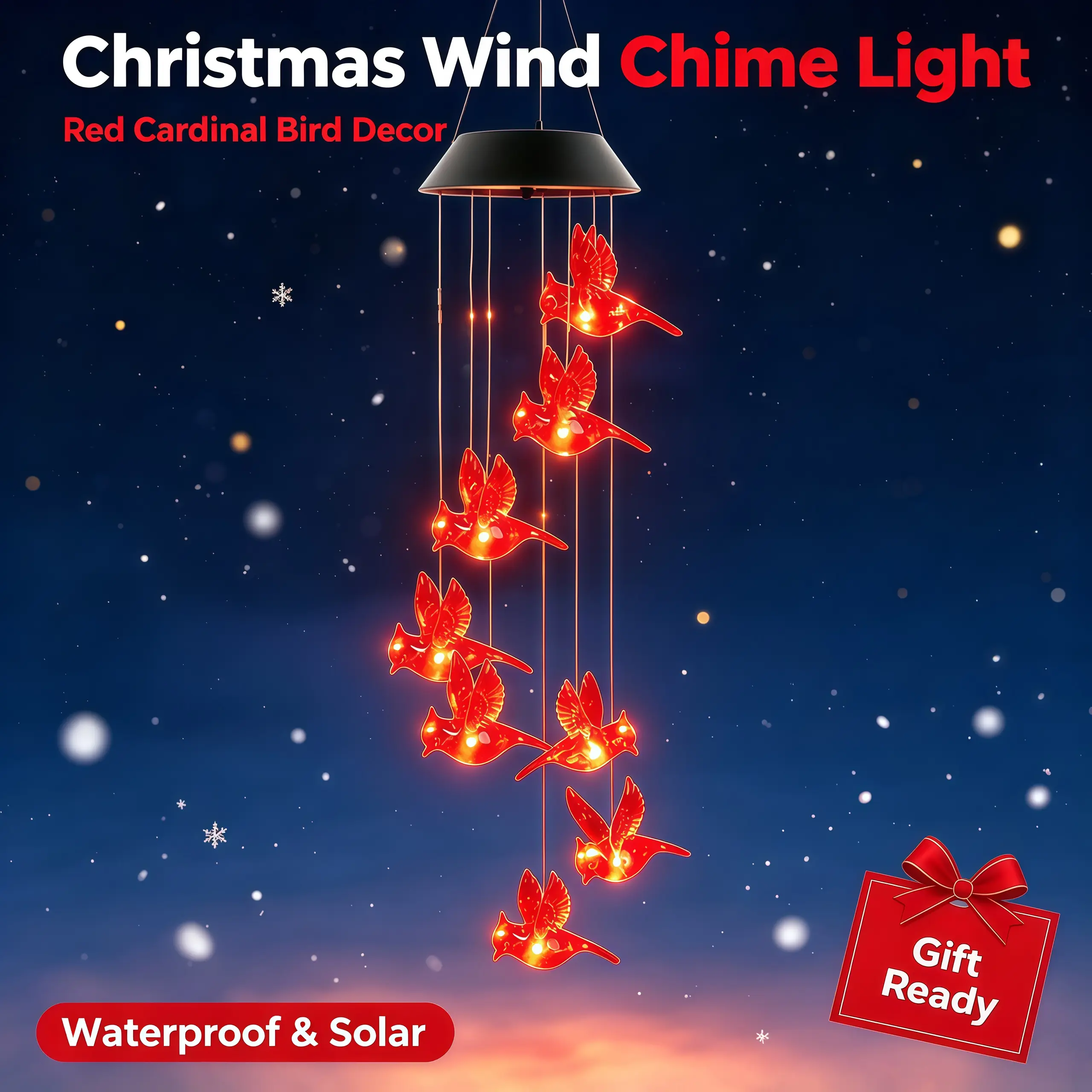 Solar Illuminated Red Cardinal Bird Wind Chime - Christmas Waterproof LED Hanging Decor, Backyard Lights Outdoor, Garden Decor Lights, Patio Yard Porch Ornament, Holiday Gift for Birthdays, Father's Day