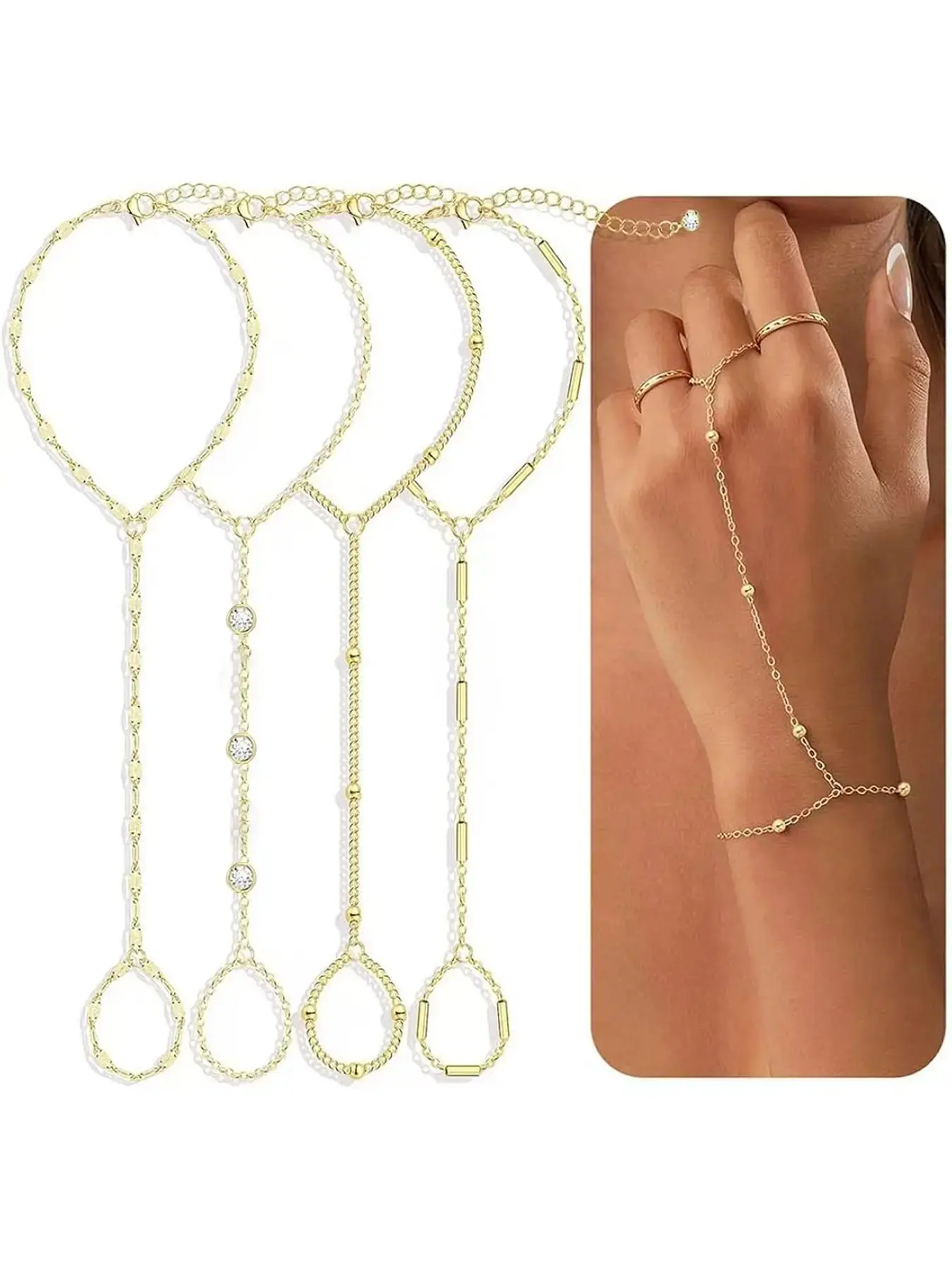 4 Pcs Gold Hand Chain Bracelets for Women, Dainty 14K Gold Plated Ring Bracelet Hand Chain, Stackable Beaded Cubic Zirconia Bracelet Stack Jewelry Gifts, Exquisite Bracelet, Stacked Design Bracelets, Fashion Bracelets, Stacking Bracelet