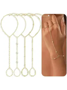 4 Pcs Gold Hand Chain Bracelets for Women, Dainty 14K Gold Plated Ring Bracelet Hand Chain, Stackable Beaded Cubic Zirconia Bracelet Stack Jewelry Gifts, Exquisite Bracelet, Fashion Bracelets