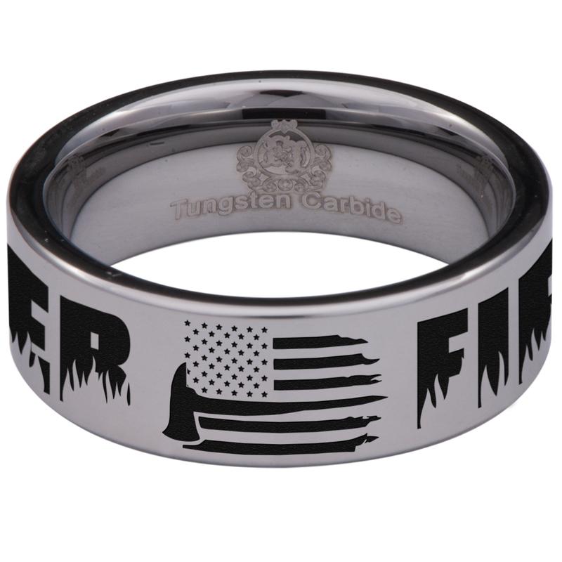 Firefighter Axe American Flag Tungsten Carbide Ring