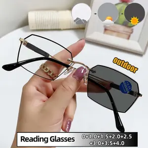 Unisex Vintage Frameless Photochromic Presbyopia Glasses Anti-Blue Light Far Sight Eyeglasses Eye Protection Diopter 0 To +4.0