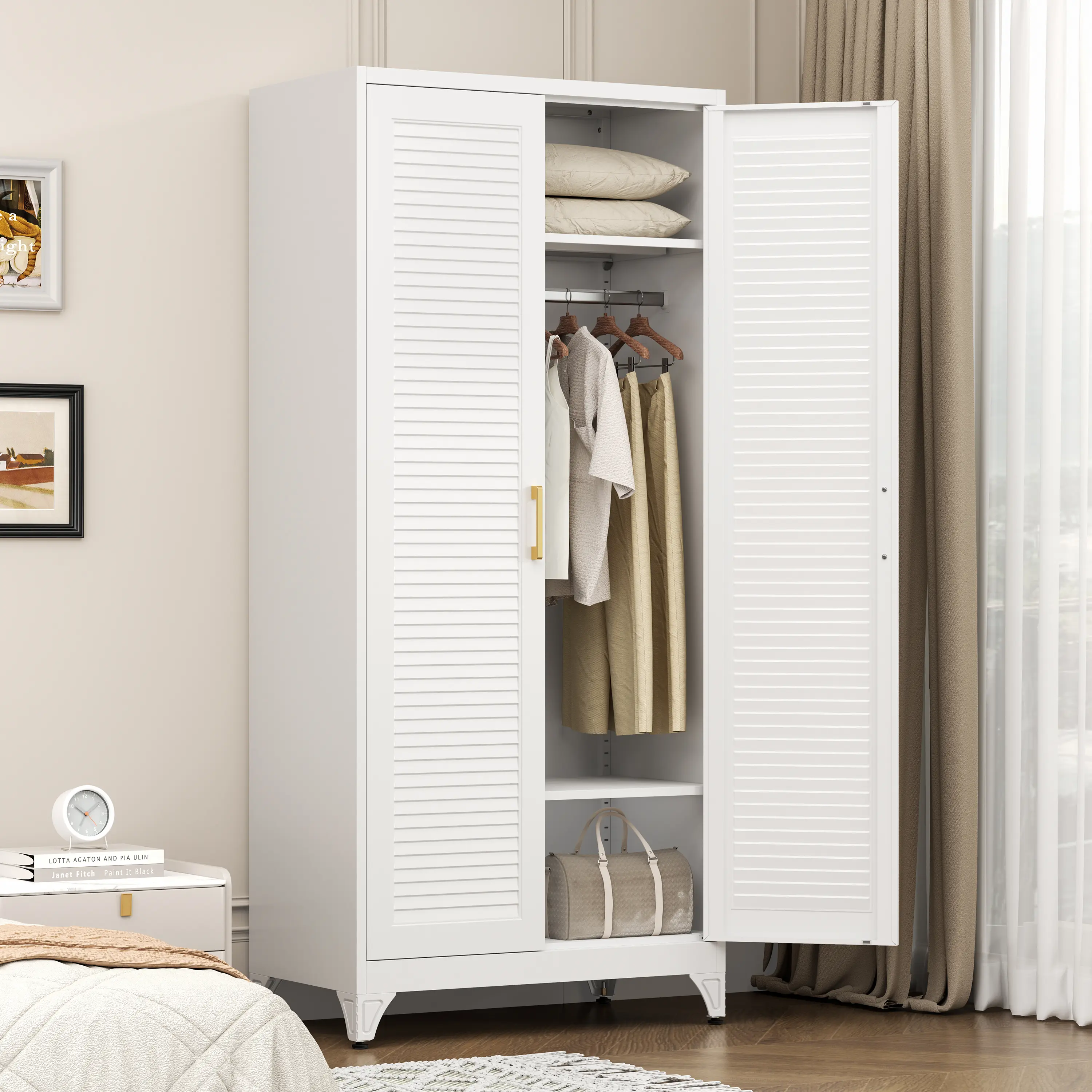71"Armoire Wardrobe Close,White Wardrobe Cabinet with Hanging Rod | Metal Closet Cabinet with Doors and Adjustable Shelves,Freestanding Clothing Storage Cabinets for Bedroom Office,Gym,Hospital