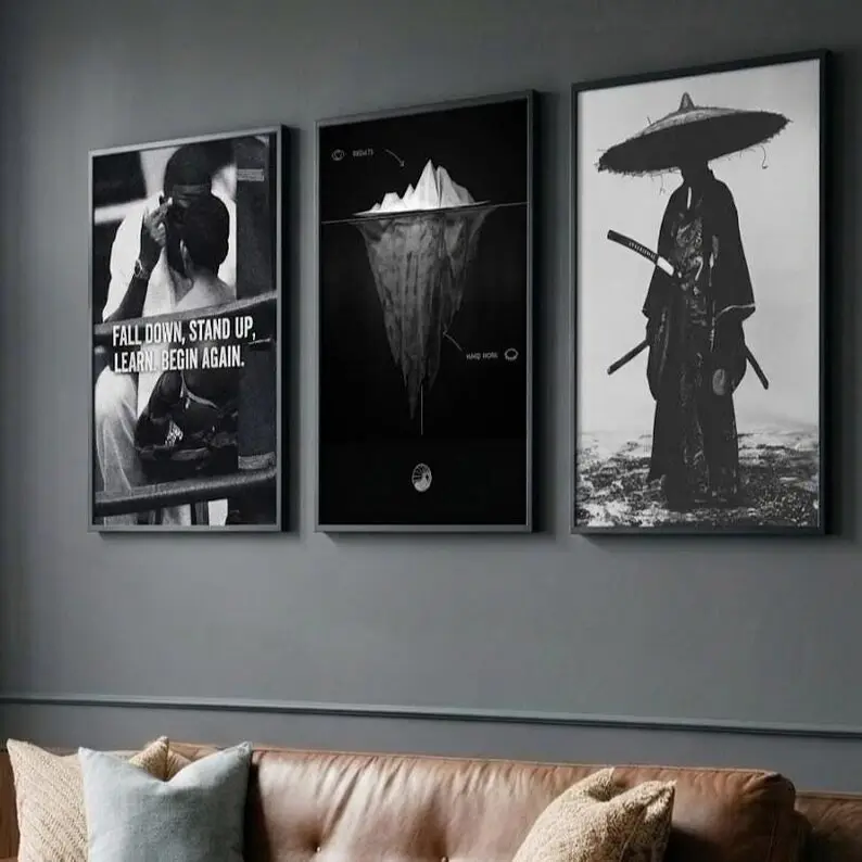 Set of 3 Black White Prints, Fall Down Stand Up Poster, Samurai Wall Art, Iceberg Hard Work Print, Dark Mindset Decor, Motivational Man Gift