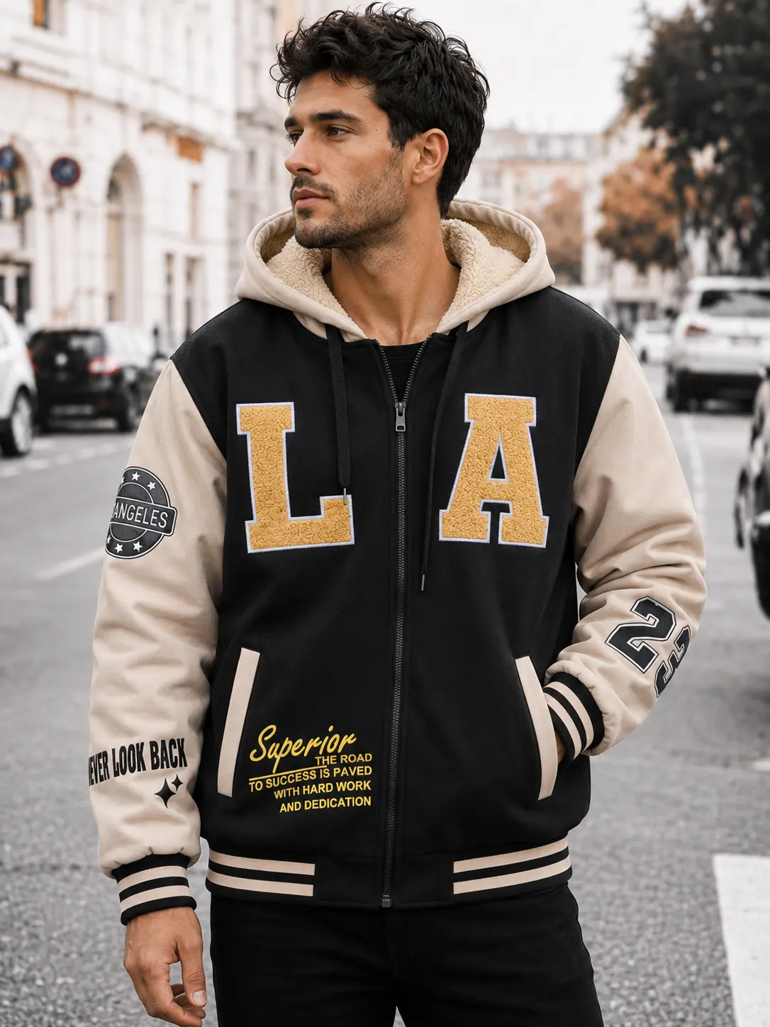 Single piece: “LA” letter fleece baseball jacket with hood, sherpa lining, unisex design, black/apricot colorblock, thickened vintage sports style—sold individually.