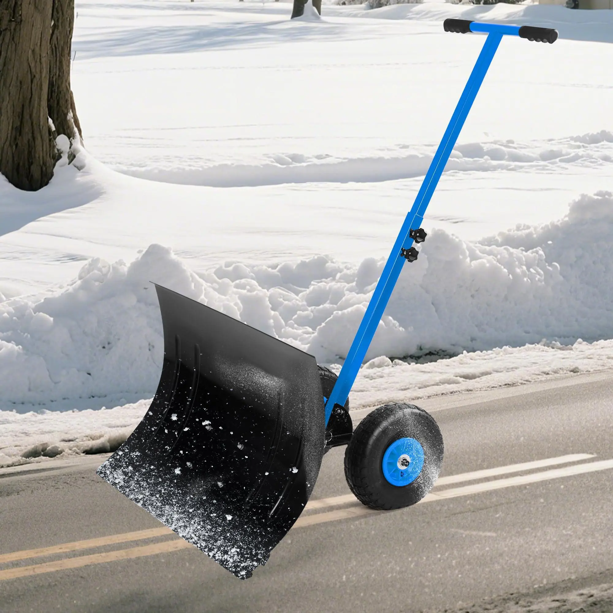 Blue 2-Wheeled Snow Shovel - Outdoor Snow Removal Tool with Adjustable Handle, Ergonomic Design, 19.6x29.1" Steel Blade for Outdoor Furniture Areas, Driveways, Sidewalks