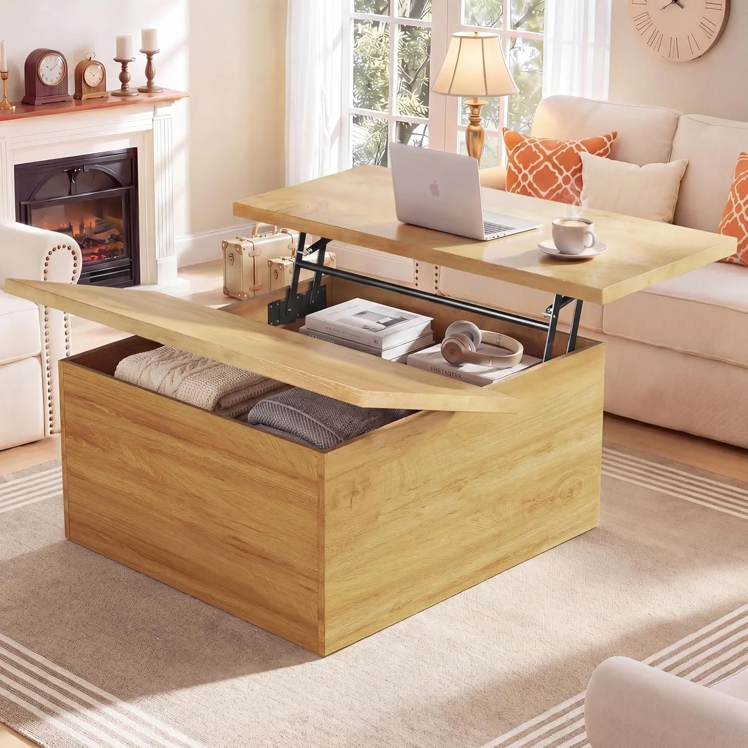 Lift Top Coffee Table, 4 in 1 Square Coffee Table with Storage, 31.5" Coffee Tables with Lifting Top, Center Table with Large Hidden Storage Space for Living Room, Home Office, Natural