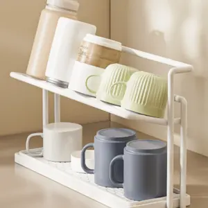 Two-Layer Cup Holder, Water Cup Display Rack with Drain Board, Kitchen Countertop Layered Drink Organizer, Insulated Bottle Tea Coffee Storage Rack