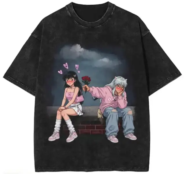 Anime Couple Shirt, Inuyasha Kagome Inspired Tee, Cute Tsundere Love Shirt, Pink Aesthetic Anime T-Shirt, Romantic Anime Couple Gift Womenswear Cotton Top Seamless Ribbed Graphic Garment Classic Apparel Soft Fashion