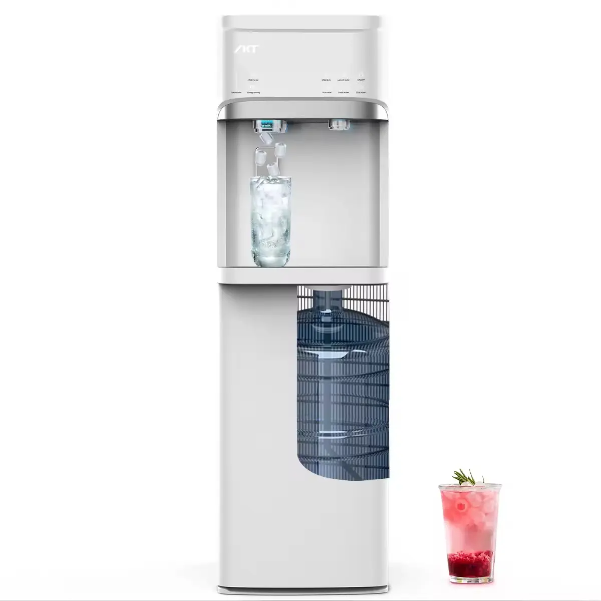IKT Self-Cleaning Bottom Loading Automatic Water Dispenser with Ice Maker - 22lbs Ice/24H, Hot/Room/Cold Water, 3-5 Gal Bottles, Child Lock, ABS, 50Hz, Button Control, Drink Dispenser Machine, White