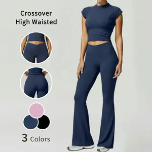 Two-Piece Outdoor Sports Suit - Short Sleeve Navel Top & High Waist Solid Color Running Tights for Women's Workout Sets in Navy Blue Pink & Black with Tummy Control & Butt Lifting Features