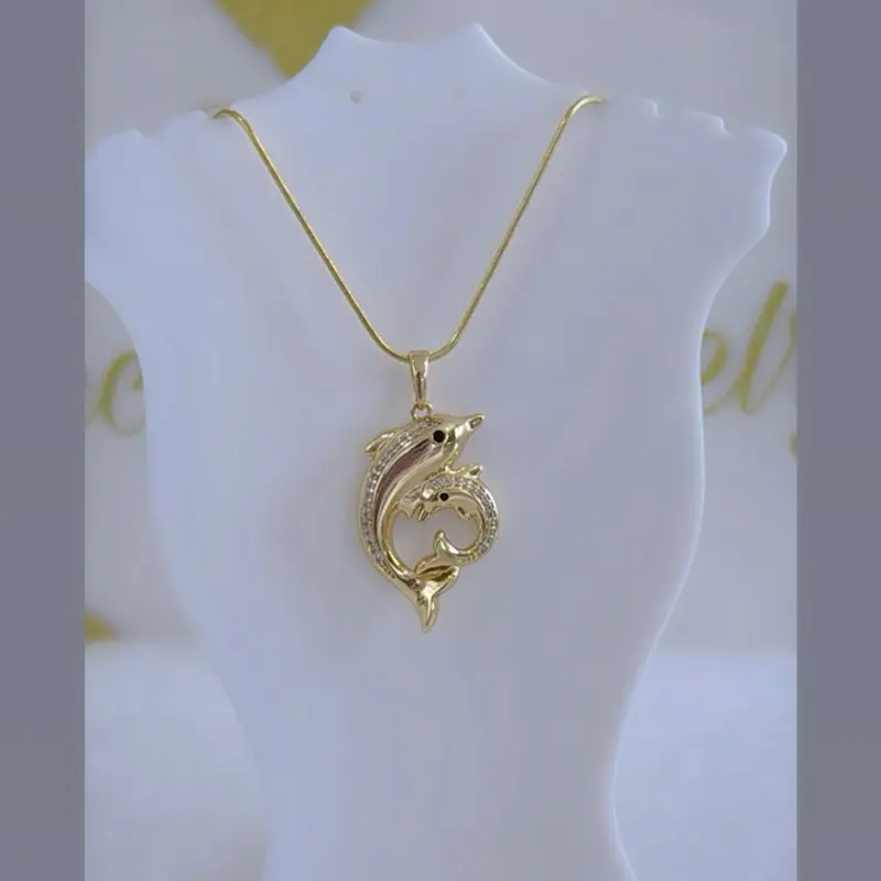 Dolphins Design Necklace #01770-14k Laminated Gold Hypoallergenic 3 Layers Protection Daily Use High Quality