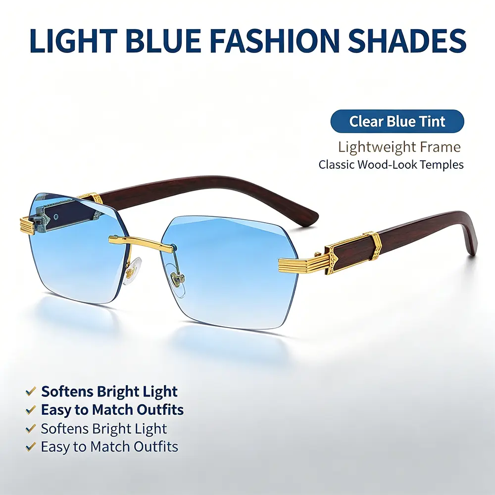 Women's Rimless Rectangle Plastic (Polycarbonate) Sunglasses - Female Casual Daily Shades Look, Geometric Faceted Cut Lenses, Wood-Look Temples, Lightweight Polarized UV400 Protection