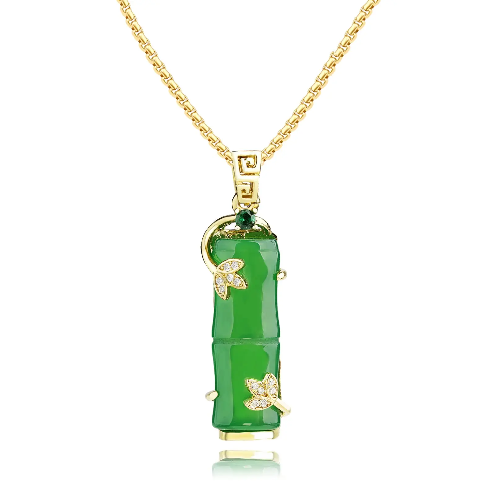 Women's 18K Gold-Plated Green Jade Pendant Necklace with Crystal Accents, Artificial Gemstone Jewelry Accessory