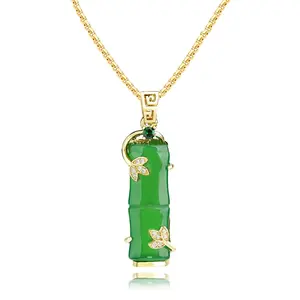 Women's 18K Gold-Plated Green Jade Pendant Necklace with Crystal Accents, Artificial Gemstone Jewelry Accessory