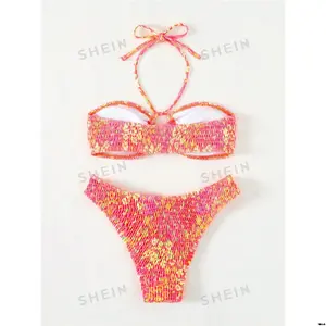 Mod Summer Tiktok Swim Beach Ditsy Floral Print Ruched Halter Neck Bikini Set