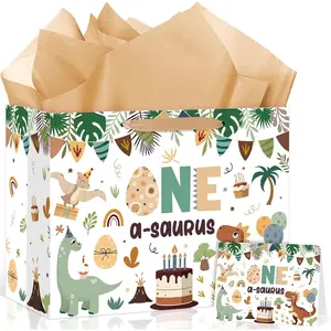 Large  Boy 1st Birthday  Bag,  a Saurus Wrapping Paper Bag,Dinosaur First Party Decoration  Bag with Greeting Card and Tissue Paper for Dino   Birthday Party Supplies