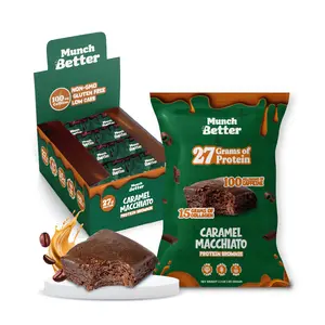 Munch Better High Protein Caramel Macchiato Brownies with Caffeine (8 Pack) - 27g Protein & 15g Collagen - Gluten-Free & No GMOs - US Made Energy Boost Snack