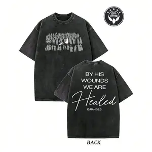 Plus Size S~5XL Washed Short Sleeved Double-Sided Printed T-Shirt, Made Of 100% Pure Cotton, With The Print Pattern Of "Christianity Baptized Because Of His Wound". Retro Hip-Hop Style, Street Y2K Printed Short Sleeved Top, Sports Tshirt Streetwear