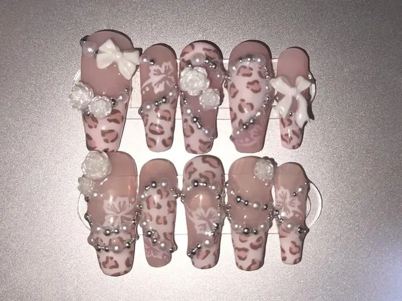 Gyaru Y2K Leopard Print Press On Nails – Handmade Pink Cheetah Gel Nails with 3D White Bow, Flowers & Pearl Charms | Reusable Glossy Fake Nails with Gift Set (Adhesive Tabs, Nail File, Cuticle Stick)