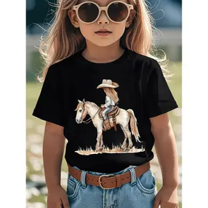 Kids Clothing Girls Casual Summer Crew Neck T-Shirt, Cartoon Girl Horse-Riding Print, Comfortable Slight-Stretch Fabric