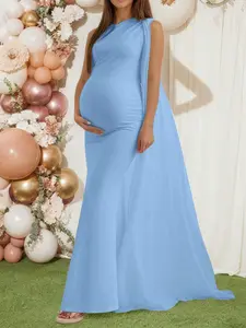 JOYCEE Blue Asymmetric One-Shoulder Sleeveless Elastic Knit Maternity Mermaid Maxi Dress, Elegant Fitted Flared Hem Long Dress Suitable For Maternity Photography, Baby Shower, Wedding Guest, Formal Occasions Spring