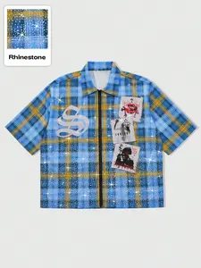 Fashion Embellished Y2K Plaid Checked Short Shirt, Unisex Casual Graphic Design, Perfect Gift for Baseball Fans, All Seasons Fitted Style, Menswear
