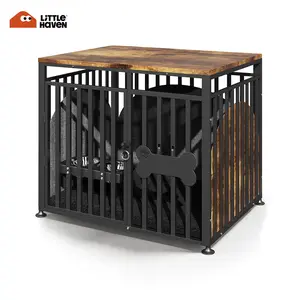 LITTLE HAVEN Heavy Duty Double Dog Crate TV Stand - Indestructible Wooden Indoor Pet House for Large Dogs, with Calming Felt and Feeding Station