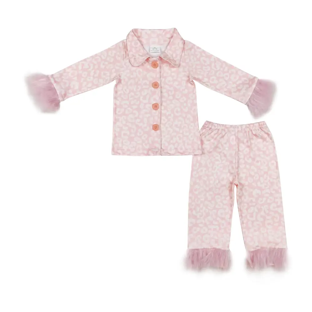GLP1258--Leopard print pink long-sleeved pants pajama set with plush trim Loungewear Nightwear