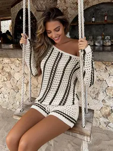 Elegant Women's Spring Summer Fashion Womenswear Casual Outfit Set Asymmetrical Striped Off-Shoulder Long Sleeve Hollow Out Knitted Sweater Set, Drawstring Shorts