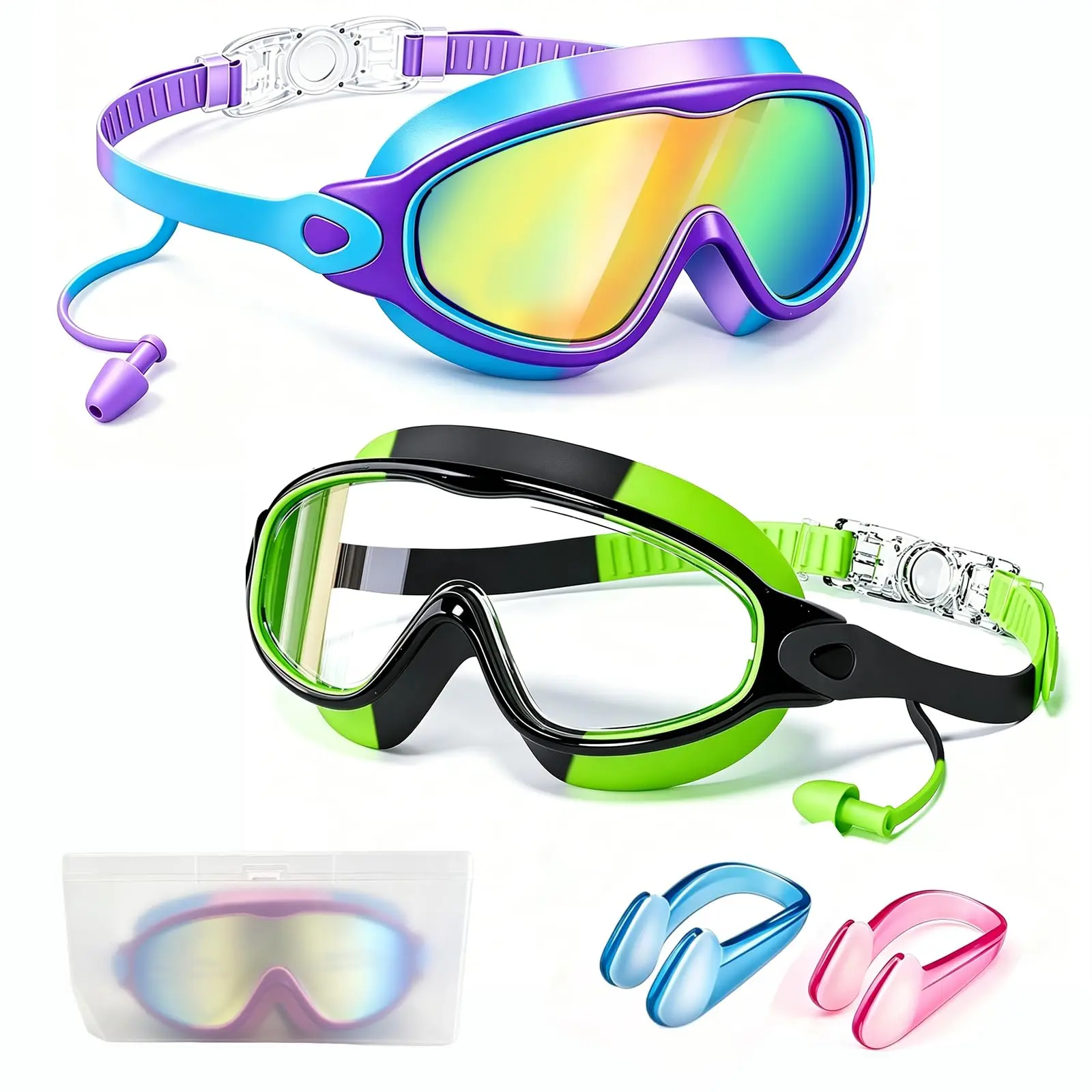 2-Pack Kids’ Swim Goggles for Ages 3–15, Large-Frame Wide-View Anti-Fog Lenses with UV Protection, Leakproof Design, Nose Clips, Ear Plugs, and Adjustable Straps for Boys and Girls, Pool, Beach, and Swim Lessons