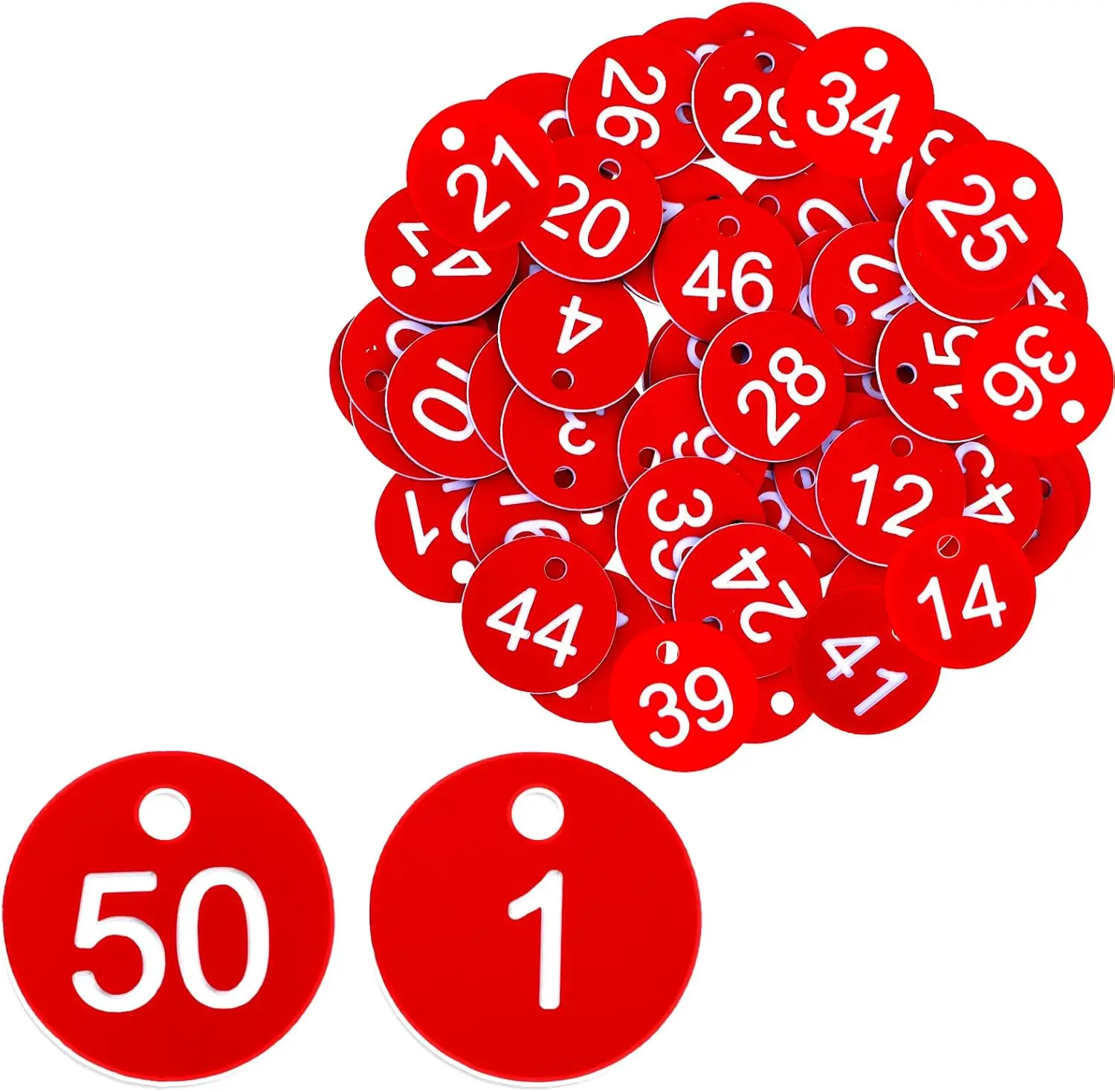 Number Tags 1-50, Plastic ID Number Hang Tags with Hole, Engraved Round Numbered Marking Identification Tags, Key Box Cabinet Organized Coding Tag(Red), Plastic Material