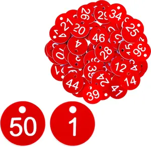 Number Tags 1-50, Plastic ID Number Hang Tags with Hole, Engraved Round Numbered Marking Identification Tags, Key Box Cabinet Organized Coding Tag(Red)