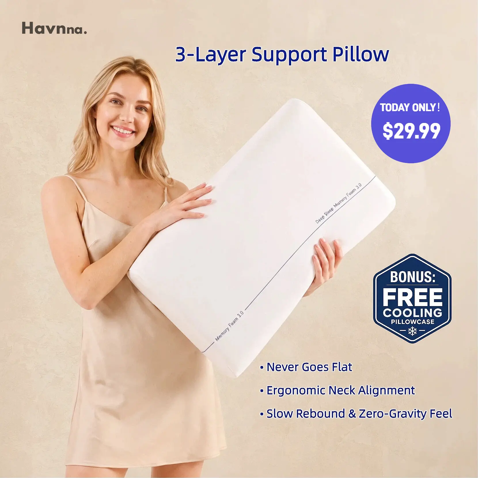 【New Arrival Special!】Havnna 3-Layer Cervical Pillow for Neck Pain Relief +FREE Cooling  Pillowcase- Memory Foam Orthopedic Pillow with Washable Case, Ergonomic Support for Side/Back/Stomach Sleepers, Adjustable Firmness, Breathable & Skin-Friendly