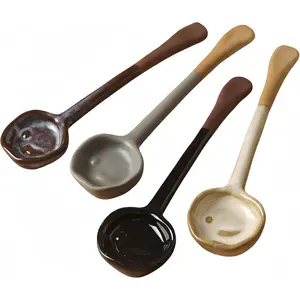4-Pack - Ceramic Vintage Afternoon Tea, Coffee Whisk, Handmade Spoon, Long-Handle Coffee Scoop, tea scoop for loose tea, Size 5.9 * 1.5in(15 * 4cm)