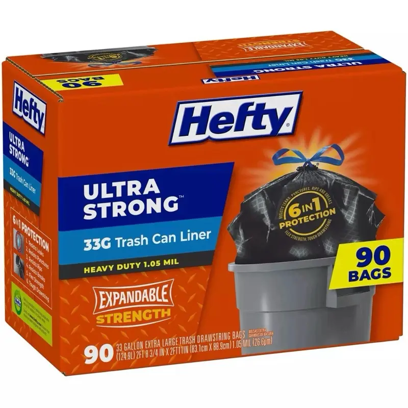Hefty Ultra Strong 33-Gallon Drawstring Trash Bags, Unscented, 90 ct., Heavy-Duty 1.05 mil Thickness, 6-in-1 Protection, Leak-Resistant, Puncture-Proof, Rips-Resistant Cleaning Garage